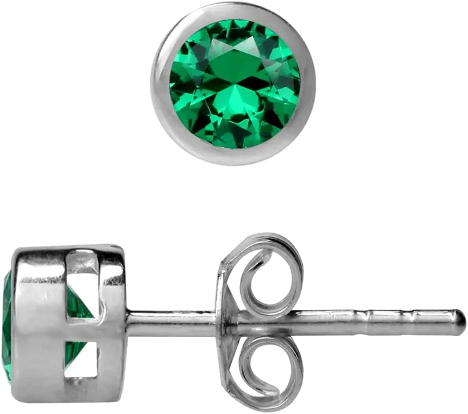SilverShake 4MM Petite Round Shape Gemstone White Gold Plated or Yellow Gold Plated 925 Sterling Silver Bezel Set Minimalist Stud Earrings for Second or Third Hole Unisex Birthstone