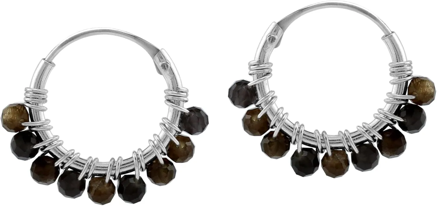 Silvershake Petite 12MMx2MM Natural Gemstone Beads 925 Sterling Silver Minimalist 0.47 Inch Wire Wrapped O Hoop Earrings Jewelry for Women or Teens