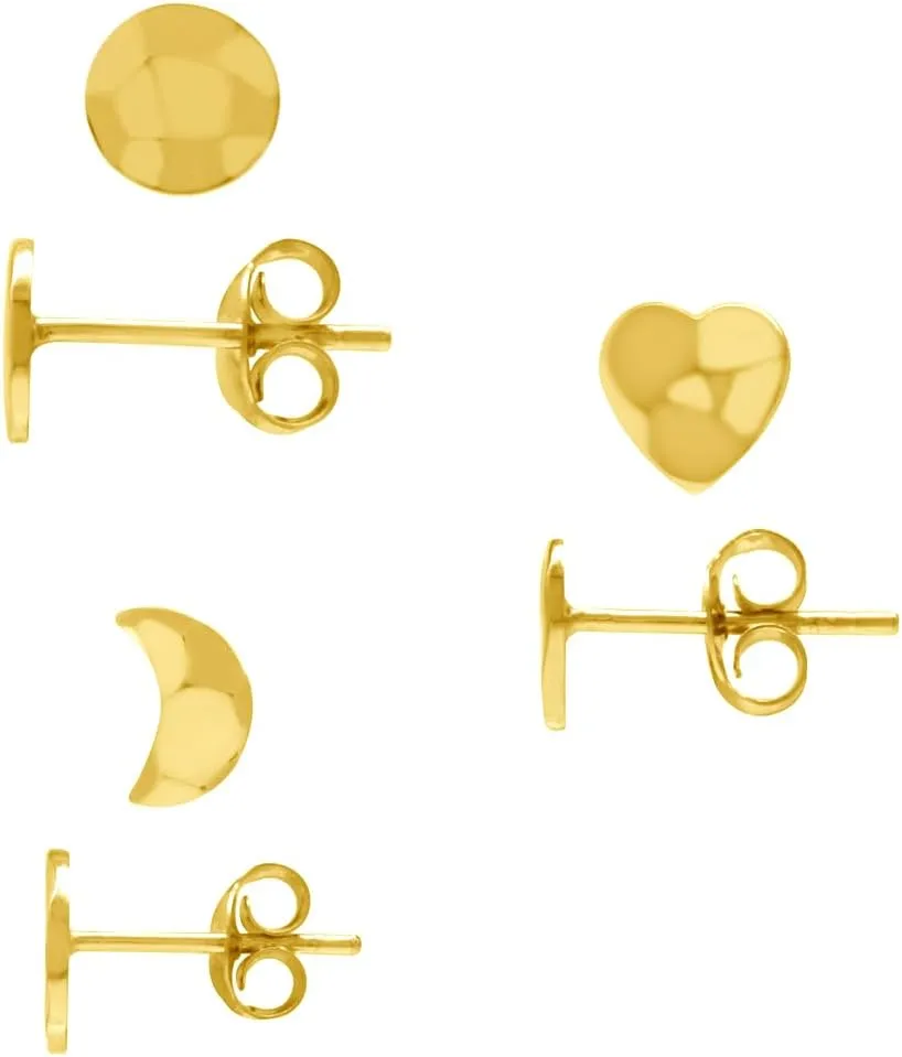 Silvershake Petite 3 Pair Set White Gold Plated or Yellow Gold Plated 925 Sterling Silver Hammered Texture Heart Crescent and Full Moon Stud Earrings Jewelry for Women or Teens