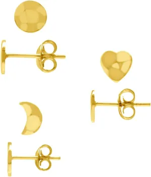 Silvershake Petite 3 Pair Set White Gold Plated or Yellow Gold Plated 925 Sterling Silver Hammered Texture Heart Crescent and Full Moon Stud Earrings Jewelry for Women or Teens