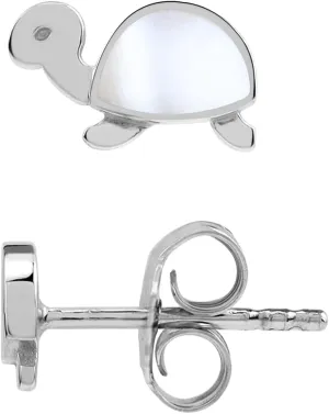Silvershake Petite Mother Of Pearl Inlay White Gold Plated 925 Sterling Silver Minimalist Turtle Sealife Casual Stud Earrings Jewelry for Women