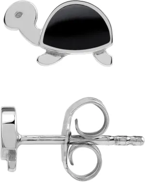 Silvershake Petite Natural Black Onyx Stone Inlay White Gold Plated 925 Sterling Silver Minimalist Turtle Sealife Casual Stud Earrings Jewelry for Women