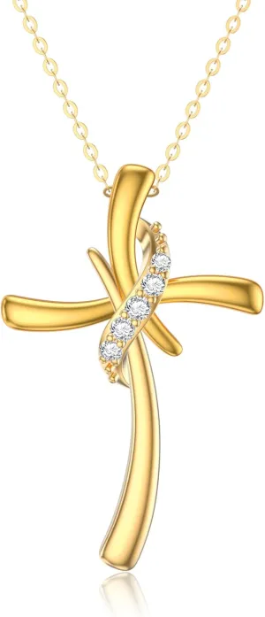 Silwan 14K Gold Cross Necklace for Women,Solid 14kt Gold Curving Crucifix Pendant Necklaces Birthday Christmas Fine Religious Jewelry Gifts for Her Mom Wife, 16 2 inch