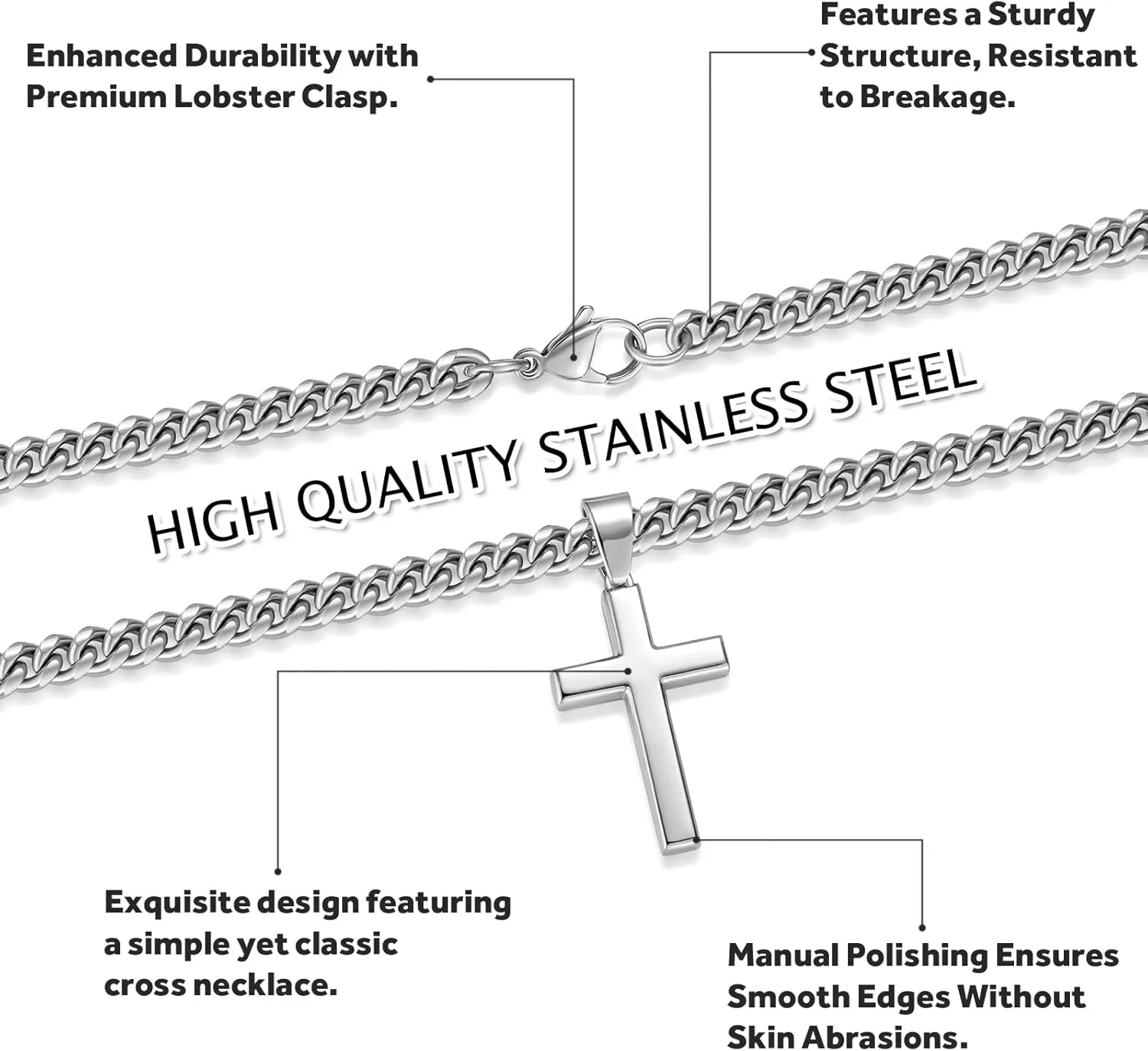 Simple Cross Necklace for Men Women with 18-26 Inch Chunky Cuban Chain, Durable Stainless Steel Black Gold Silver Cross Pendant Necklace for Men Teen Boys Girls with Jewelry Gifts Box