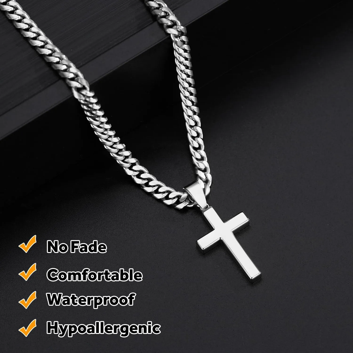 Simple Cross Necklace for Men Women with 18-26 Inch Chunky Cuban Chain, Durable Stainless Steel Black Gold Silver Cross Pendant Necklace for Men Teen Boys Girls with Jewelry Gifts Box
