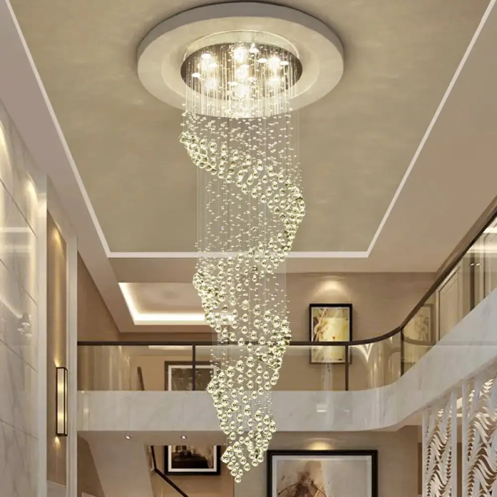 Sleek Spiral LED Pendant Lamp - Clear Crystal, Minimalist Design, Silver Finish - 13-Light Chandelier for Living Room