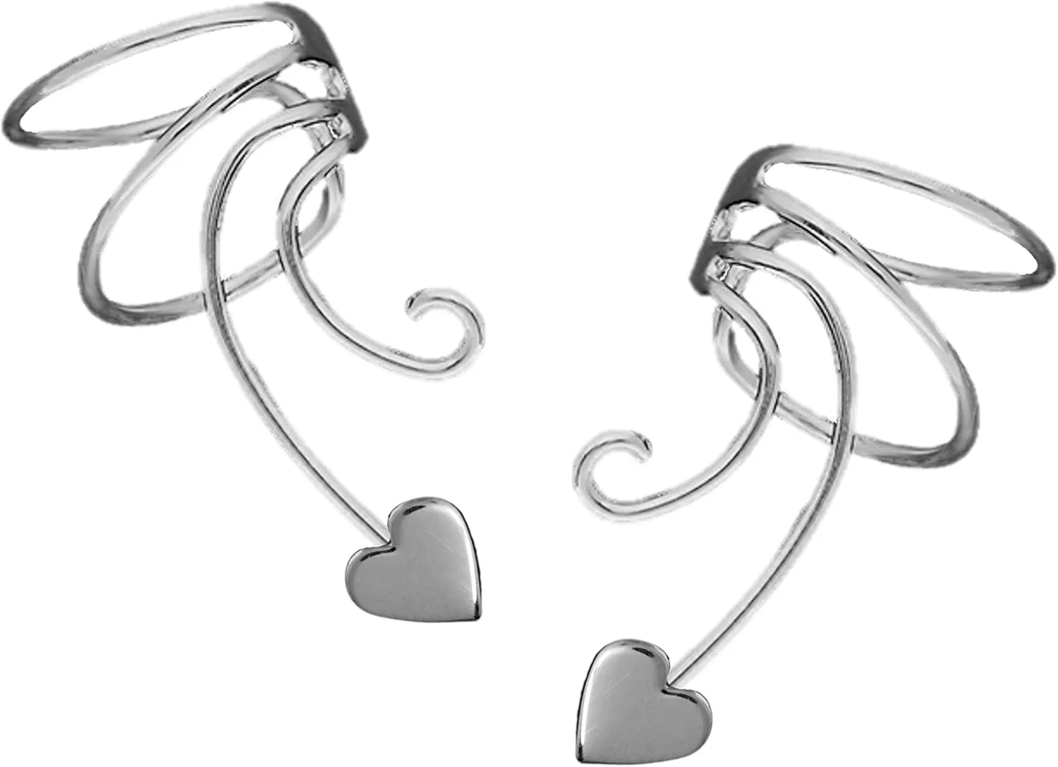 Small Heart Curly Wave Ear Cuff Non-pierced Wrap Earrings in Sterling Silver a Pair