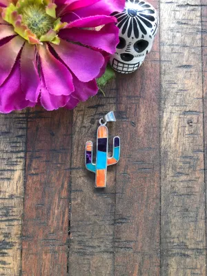 Small Multi Stone Inlay Cactus Pendant