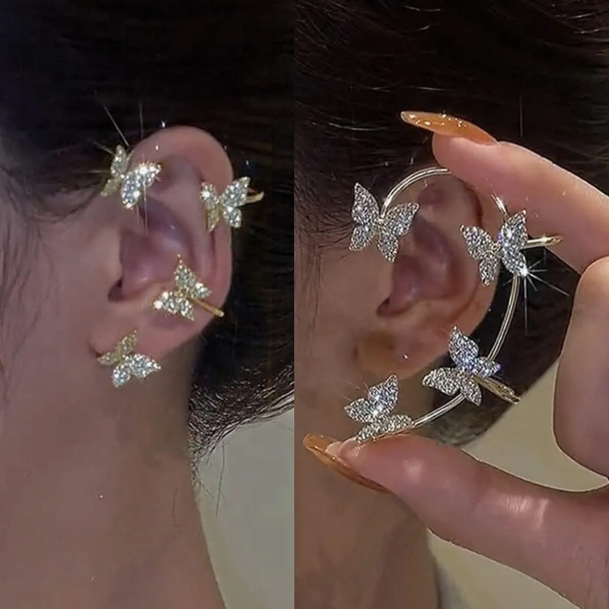 SMDSAZ Shiny Zircon Butterfly Ear Clip Without Piercing Earrings for Women Fashion Wrap EarCuffs Earring Bride Wedding Jewelry (Metal Color : ER21Y1234-1)