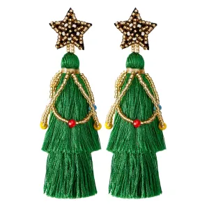 Smilebelle Green Tassel Earrings for Women, Boho Dangle Earrings Green Gifts for Girls Handmade Colored Beaded Statement Christmas Earrings as Holiday Jewelry Summer Decorations