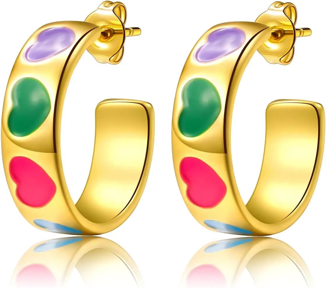 Smiley Face Earrings For Women 14K Gold 925 Sterling Silver Post Earring,Small Open Huggie Hoop Earrings Enamel Jewelry