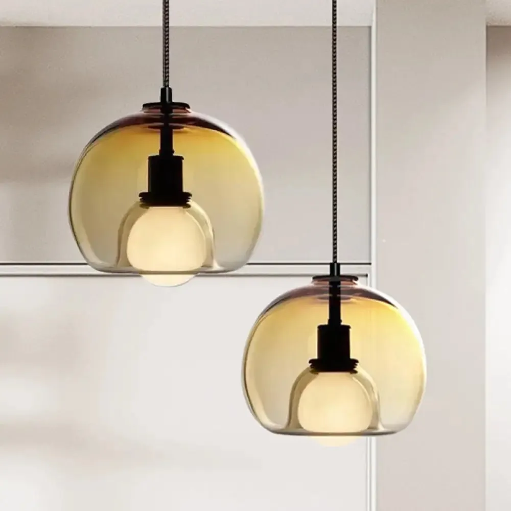 Smoke/Cognac Glass Dual Hemisphere Pendant - Minimalist 1 Light Ceiling Lamp