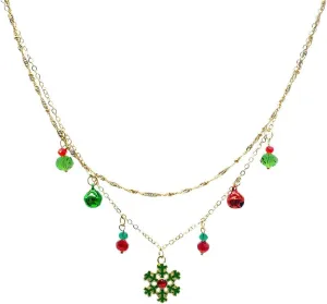 Snowflake Jingle Bell Pendant Necklace for Women Dainty Gold Plated Red Green Layered Stacking Statement Wedding Single Dangle Necklaces Thanksgiving Christmas Winter Holiday Jewelry Gift Daughter