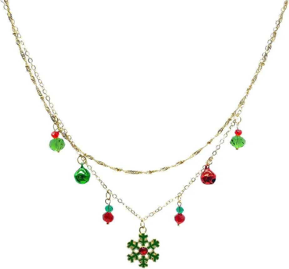 Snowflake Jingle Bell Pendant Necklace for Women Dainty Gold Plated Red Green Layered Stacking Statement Wedding Single Dangle Necklaces Thanksgiving Christmas Winter Holiday Jewelry Gift Daughter
