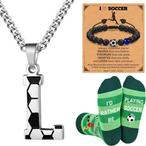 Soccer Gifts Set A-Z Letter Soccer Necklace for Men Novelty Soccer Socks&Soccer Bracelets for Soccer Lovers