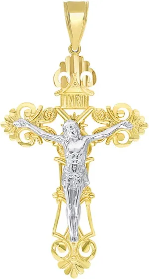 Solid 14K Two-Tone Gold Roman Catholic Cross with Jesus INRI Crucifix Pendant