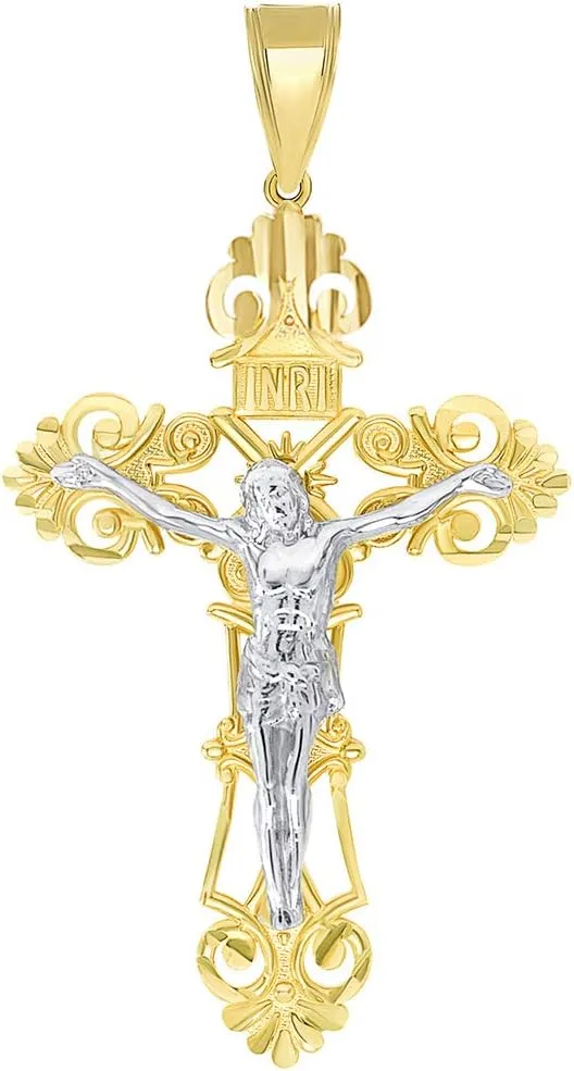 Solid 14K Two-Tone Gold Roman Catholic Cross with Jesus INRI Crucifix Pendant