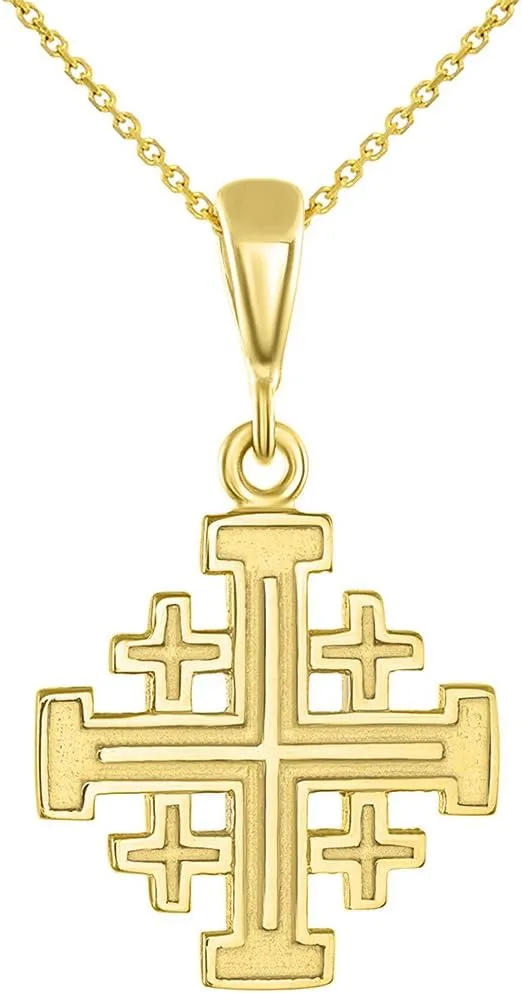 Solid 14K Yellow Gold Crusaders Jerusalem Cross Pendant Necklace