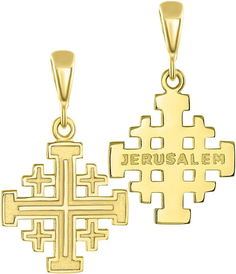 Solid 14K Yellow Gold Crusaders Jerusalem Cross Pendant Necklace