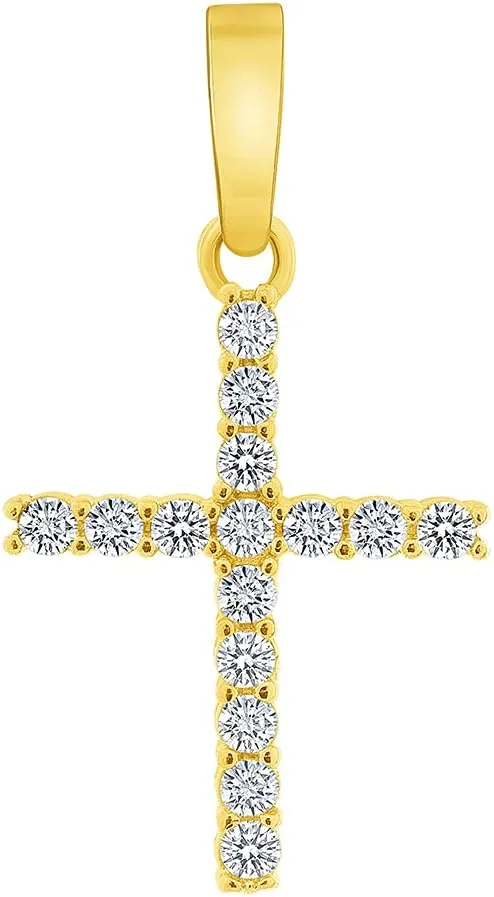 Solid 14k Yellow Gold Cubic-Zirconia Mini Religious Cross Charm Pendant