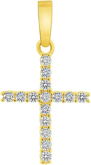 Solid 14k Yellow Gold Cubic-Zirconia Mini Religious Cross Charm Pendant