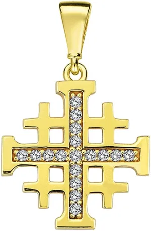 Solid 14k Yellow Gold Religious Crusaders Jerusalem Cross Pendant with Cubic-Zirconia