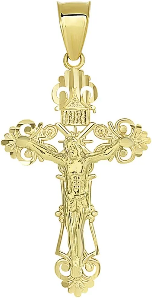 Solid 14K Yellow Gold Roman Catholic Cross Charm with Jesus INRI Crucifix Pendant