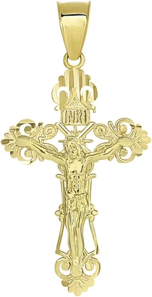 Solid 14K Yellow Gold Roman Catholic Cross Charm with Jesus INRI Crucifix Pendant