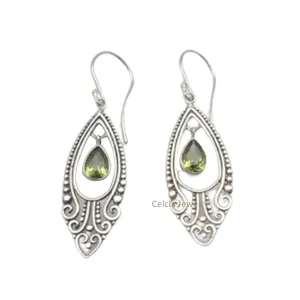 Solid 925 Sterling Silver Dangle Drop Earrings for Women, Green Peridot Natural Gemstone Beautiful Handcrafted August Birthstone Earrings