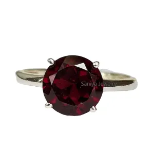 Solid 925 Sterling Silver Prong Garnet Round Gemstone Unique Handcrafted January Birthstone Ring For Women/Girls
