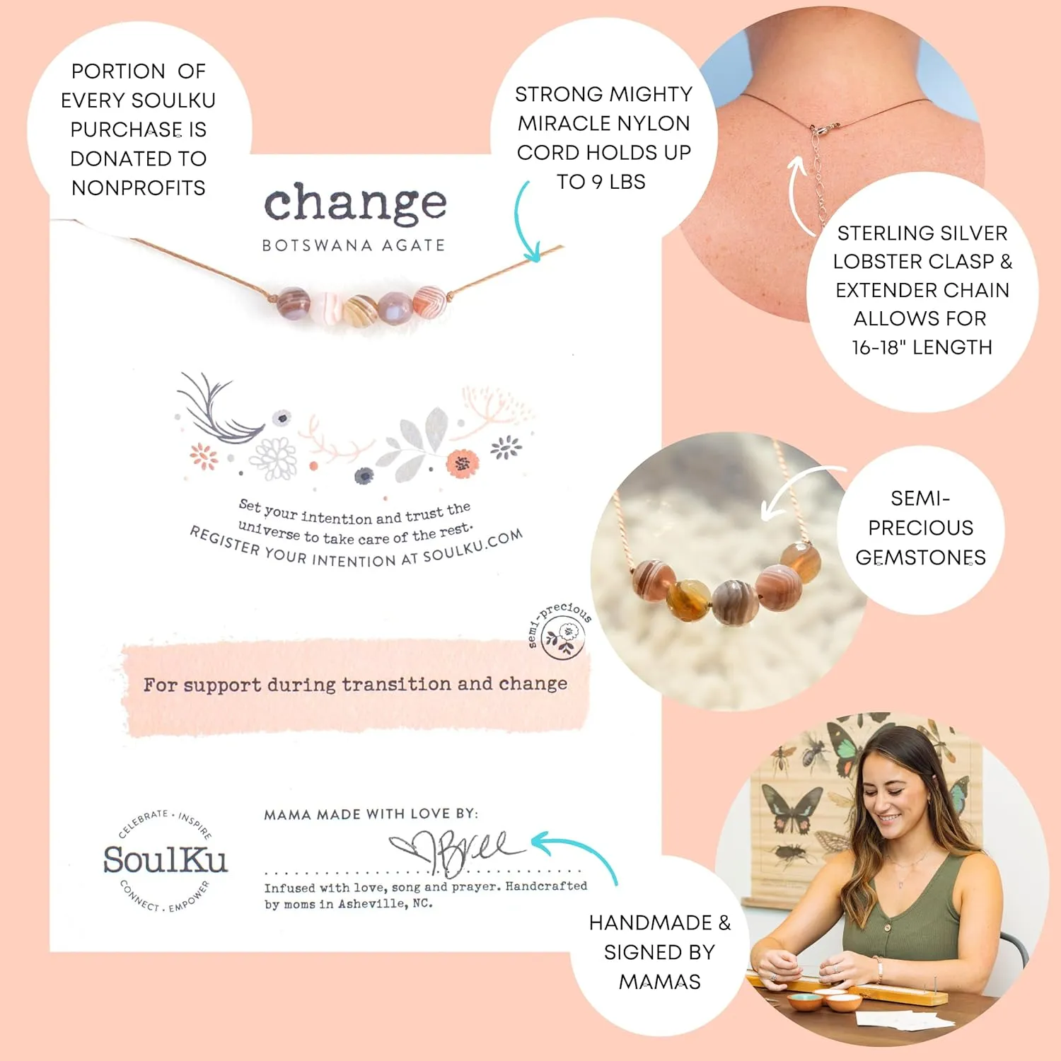 SoulKu Botswana Agate Gemstone Necklace to support Change, Handcrafted Empowering Necklace, Inspirational Jewelry For Women, Nylon Cord & Stainless Steel Lobster Clasp & Extender