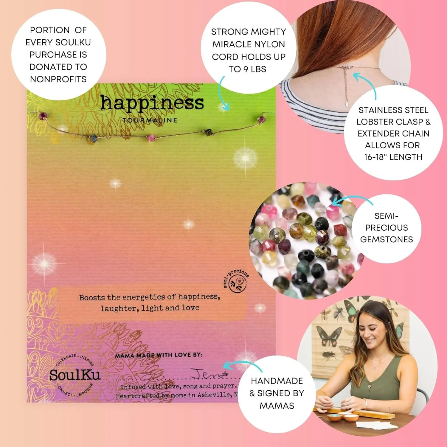 SoulKu Rainbow Tourmaline Celestial Necklace for Happiness, Handcrafted Empowering Necklace, Inspirational Jewelry For Women, Nylon Cord & Stainless Steel Lobster Clasp & Extender
