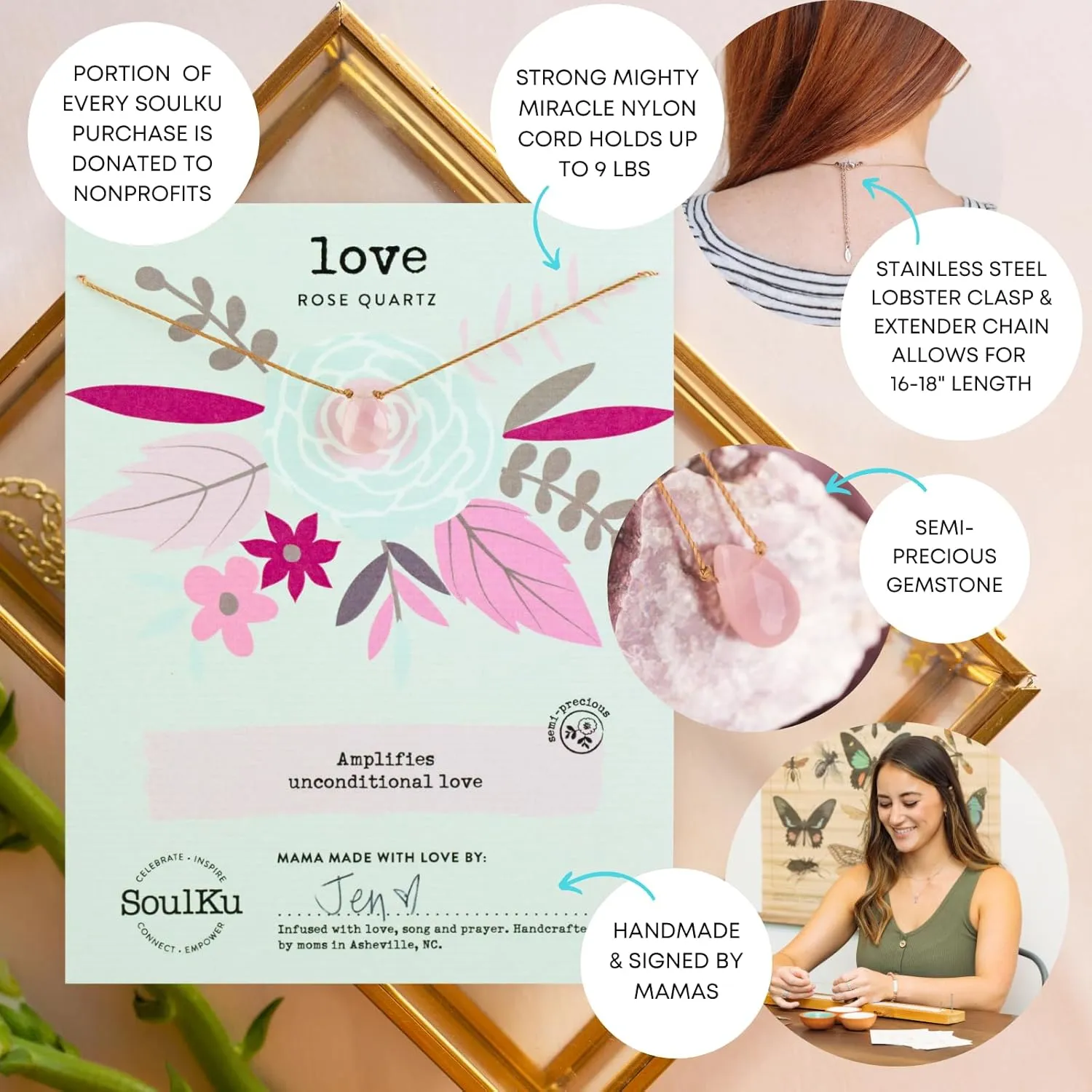 SoulKu Rose Quartz Soul Full of Light Necklace for Love, Handcrafted Empowering Necklace, Inspirational Jewelry For Women, Nylon Cord & Stainless Steel Lobster Clasp & Extender