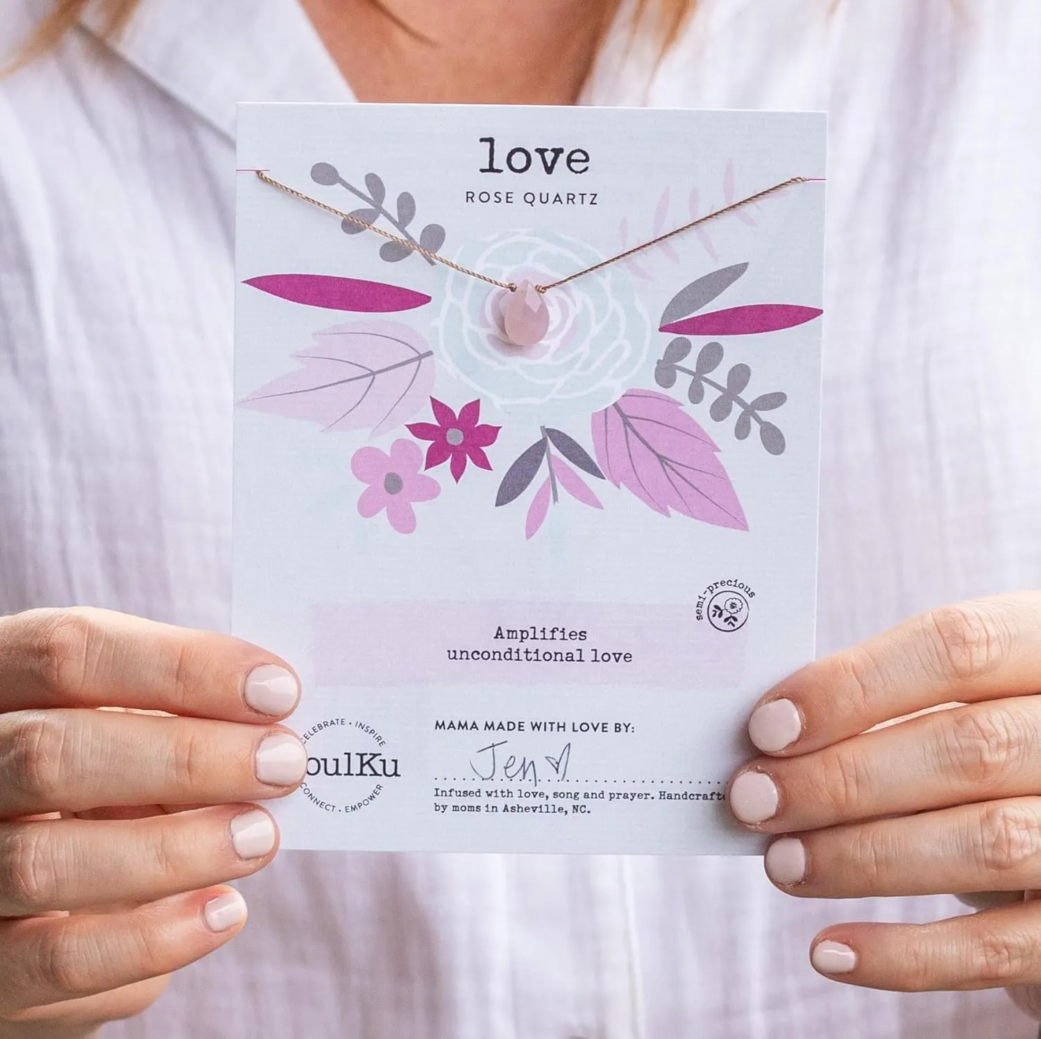 SoulKu Rose Quartz Soul Full of Light Necklace for Love, Handcrafted Empowering Necklace, Inspirational Jewelry For Women, Nylon Cord & Stainless Steel Lobster Clasp & Extender