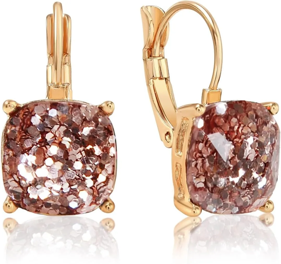 Sparkly Square Earrings for Women - Colorful Leverback Dangle Earrings for Women, Large Glitter Statement Earrings