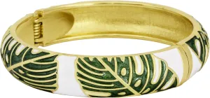 Spring Hinge Enamel Monstera Leaf Bangle Bracelet (Green/White)