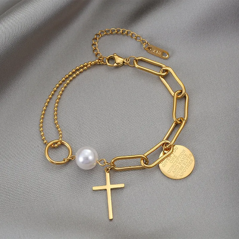 Stainless Steel Layered Golden Pendant Bracelet