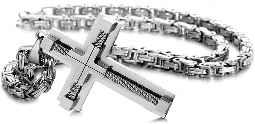 Stainless Steel Pendant,Cross Necklace Faith Pendant for Men & Women,Large Wire Wrap Cross Byzantine Necklace,Four Color Options of Gold/Silver/Black/Silver Gold 24 Inches.