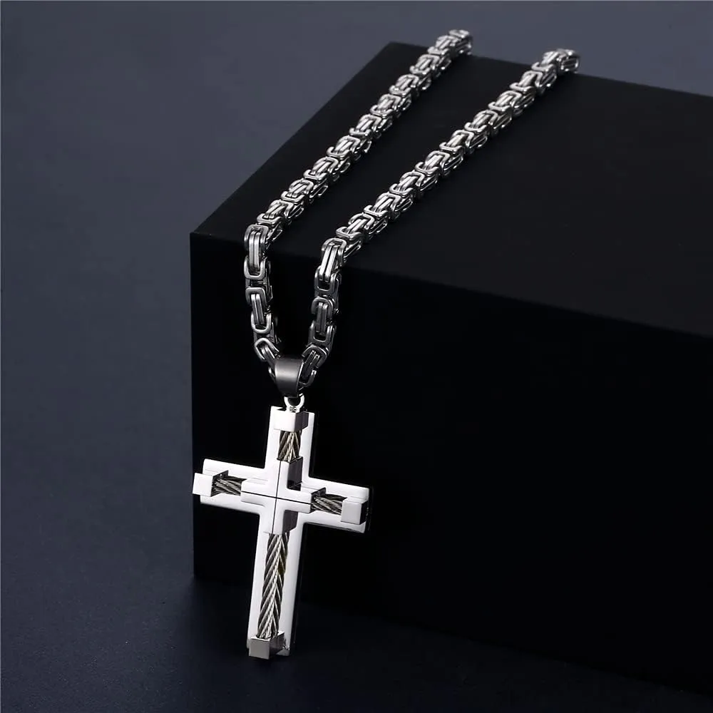 Stainless Steel Pendant,Cross Necklace Faith Pendant for Men & Women,Large Wire Wrap Cross Byzantine Necklace,Four Color Options of Gold/Silver/Black/Silver Gold 24 Inches.