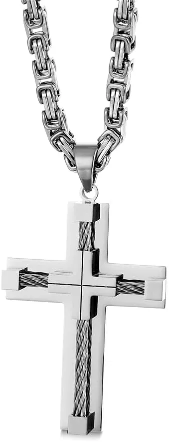 Stainless Steel Pendant,Cross Necklace Faith Pendant for Men & Women,Large Wire Wrap Cross Byzantine Necklace,Four Color Options of Gold/Silver/Black/Silver Gold 24 Inches.