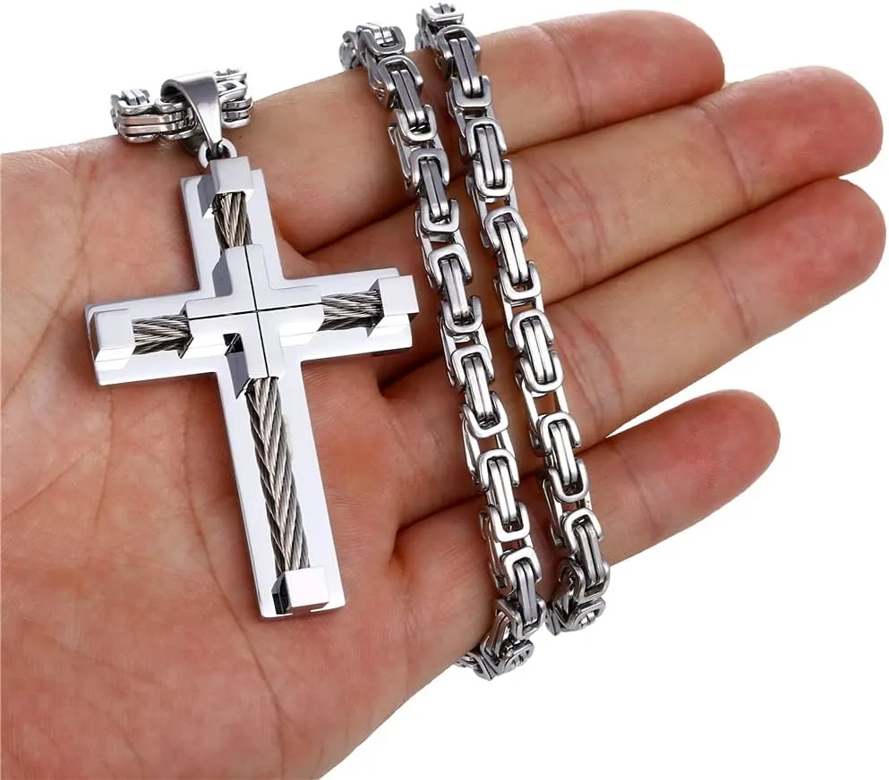 Stainless Steel Pendant,Cross Necklace Faith Pendant for Men & Women,Large Wire Wrap Cross Byzantine Necklace,Four Color Options of Gold/Silver/Black/Silver Gold 24 Inches.