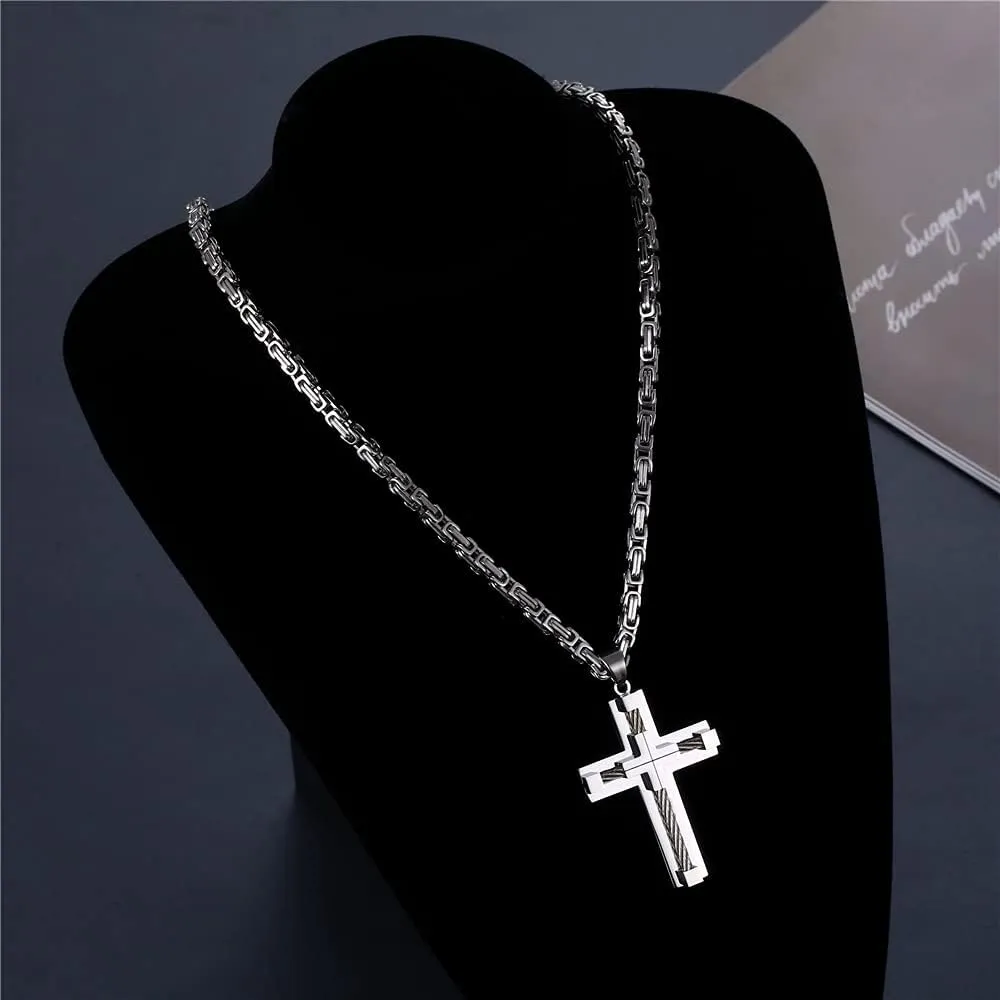 Stainless Steel Pendant,Cross Necklace Faith Pendant for Men & Women,Large Wire Wrap Cross Byzantine Necklace,Four Color Options of Gold/Silver/Black/Silver Gold 24 Inches.