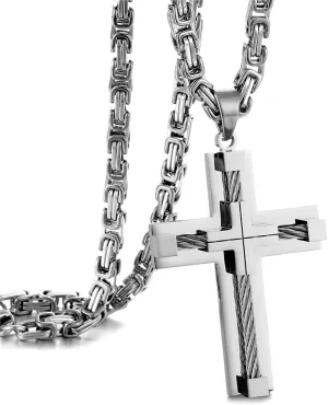Stainless Steel Pendant,Cross Necklace Faith Pendant for Men & Women,Large Wire Wrap Cross Byzantine Necklace,Four Color Options of Gold/Silver/Black/Silver Gold 24 Inches.
