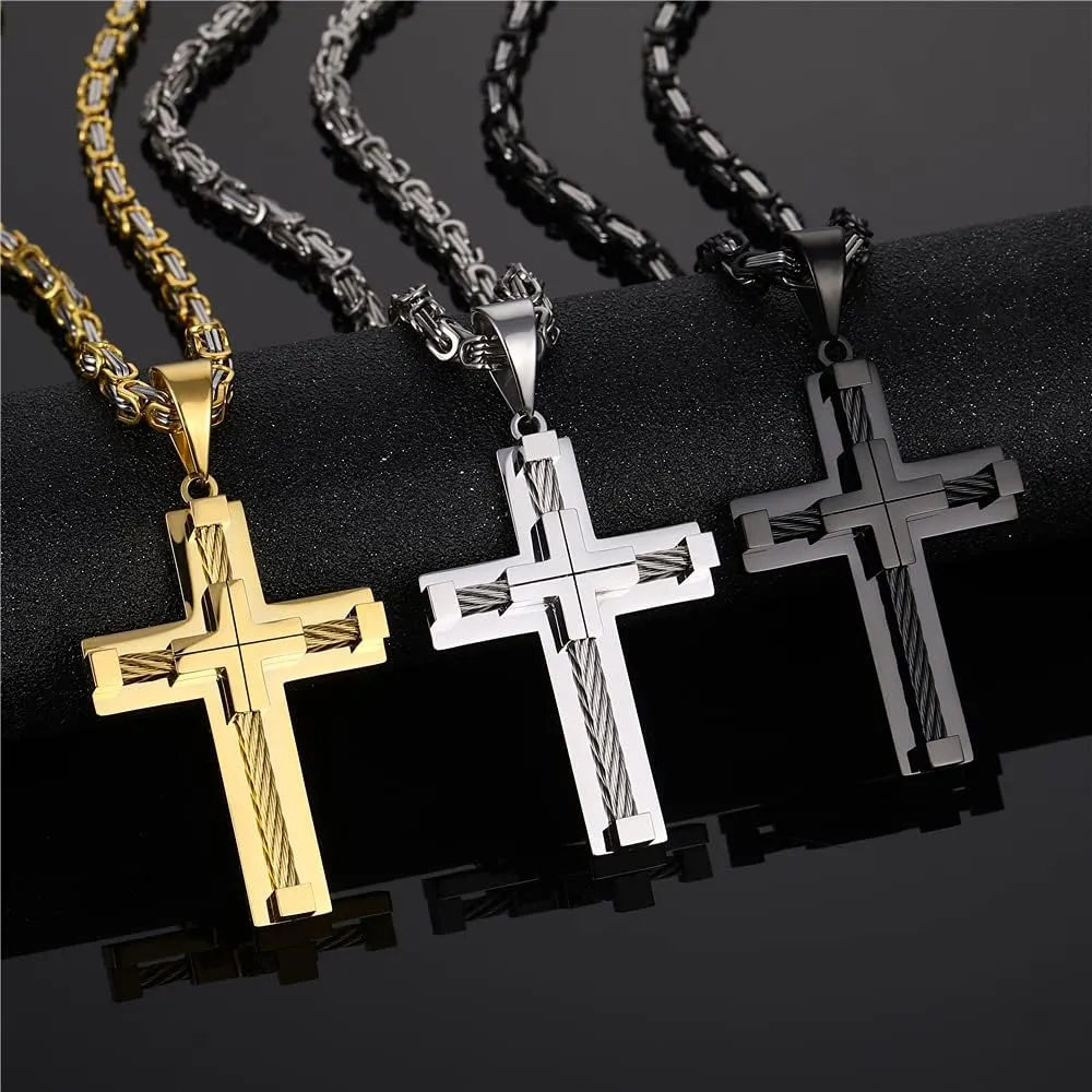 Stainless Steel Pendant,Cross Necklace Faith Pendant for Men & Women,Large Wire Wrap Cross Byzantine Necklace,Four Color Options of Gold/Silver/Black/Silver Gold 24 Inches.