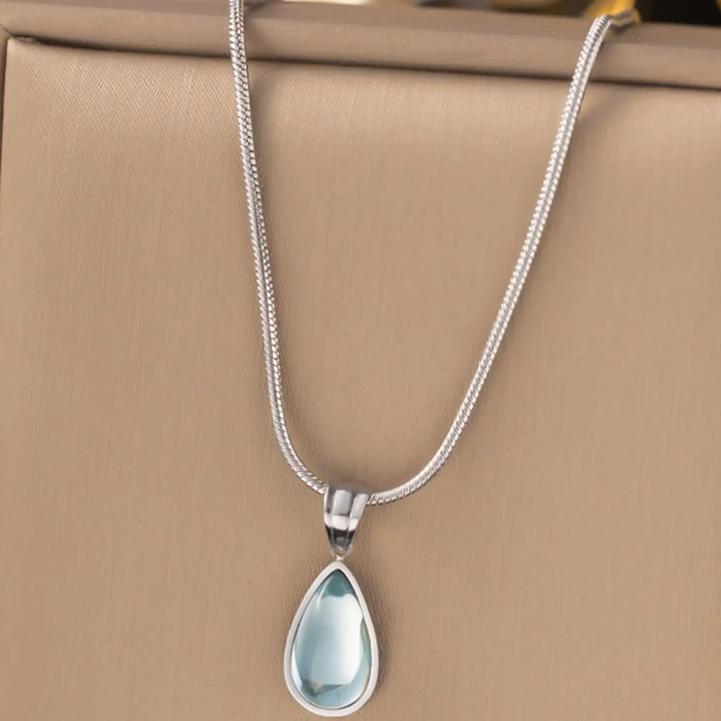 Stainless Steel Water Drop Style Immitation Jade Wedding Statement Pendant Necklace