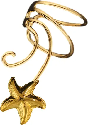Star Fish Gold On Sterling Non-Pierced Ear Cuff Left Wave Wrap Earring