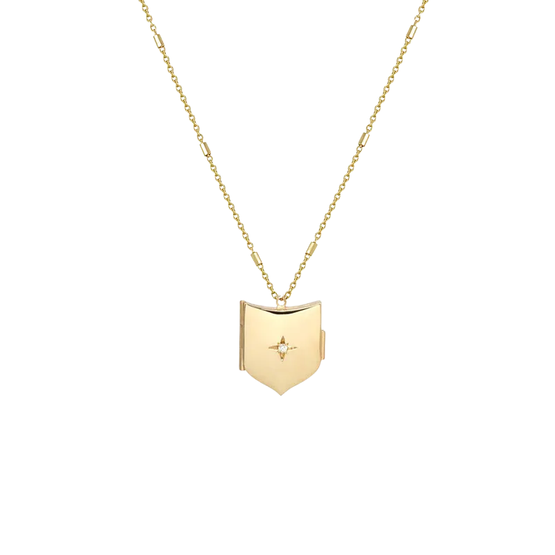 Star Set Diamond Shield Locket in Yellow Gold