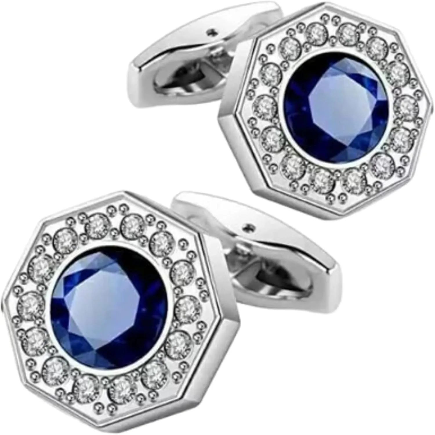 Starlite_Creation001 Sterling Silver Octagonal Shape Cufflinks with Blue Sapphire and Diamond With14k White Gold Plating.