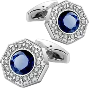 Starlite_Creation001 Sterling Silver Octagonal Shape Cufflinks with Blue Sapphire and Diamond With14k White Gold Plating.