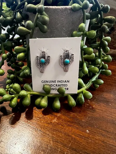 Sterling Silver & Turquoise Cactus Earrings